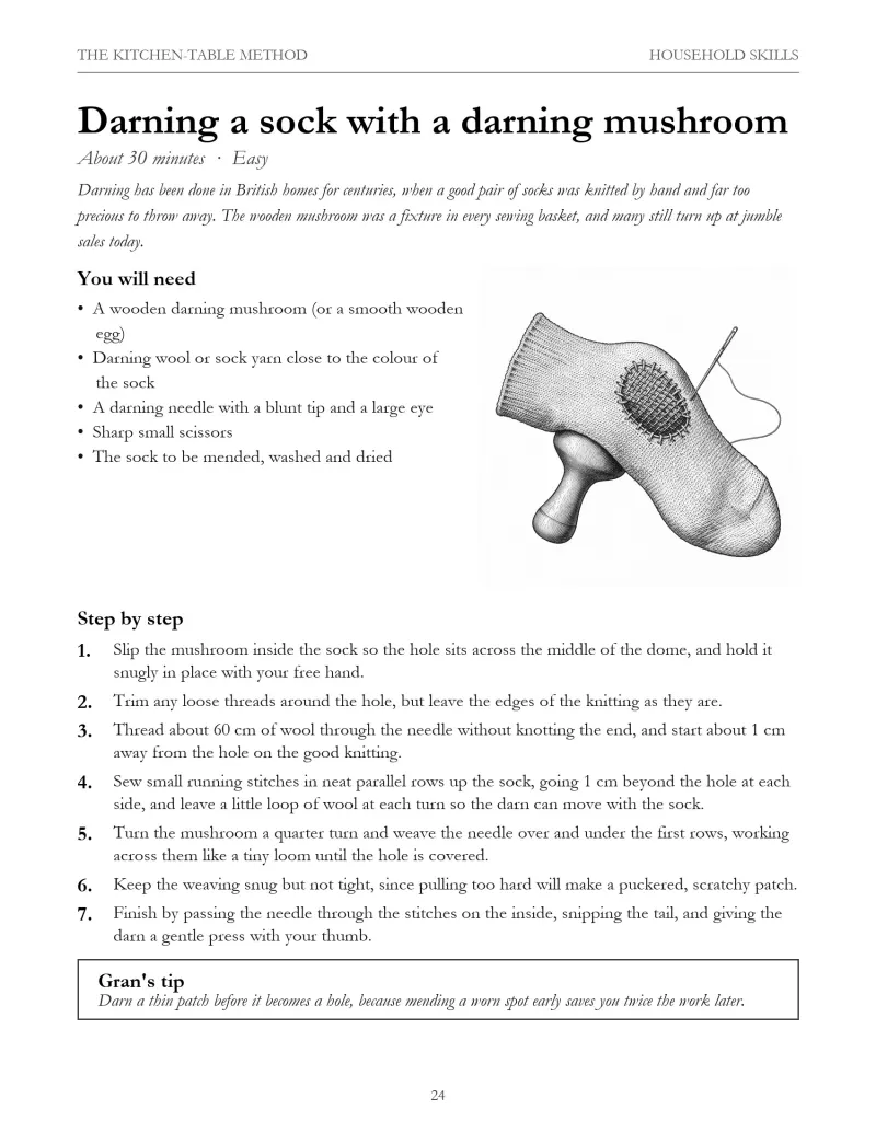 Page: Darning a sock with a darning mushroom