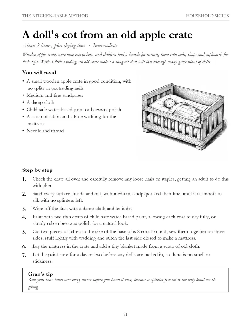 Page: A doll's cot from an old apple crate