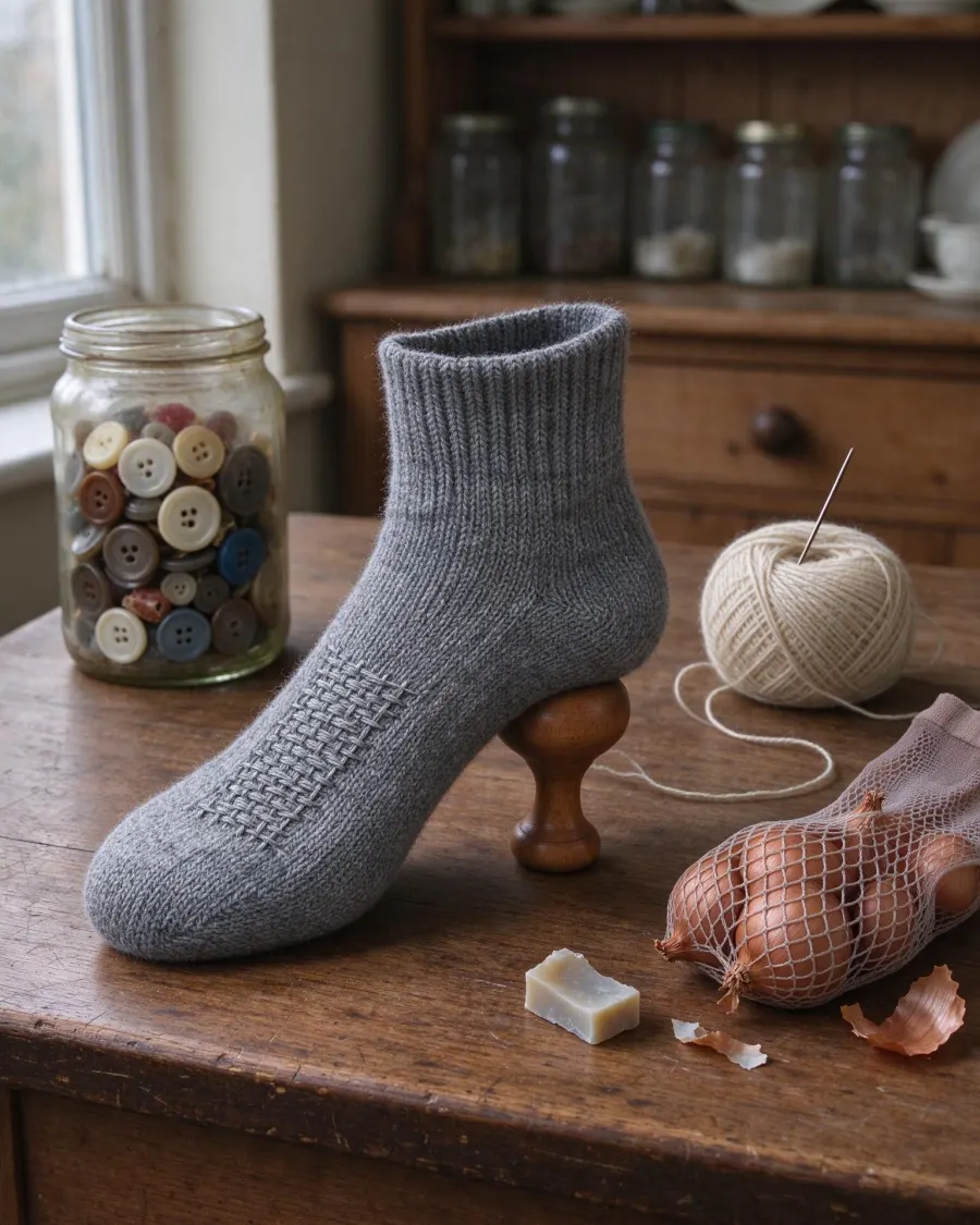 Darning a sock with a darning mushroom
