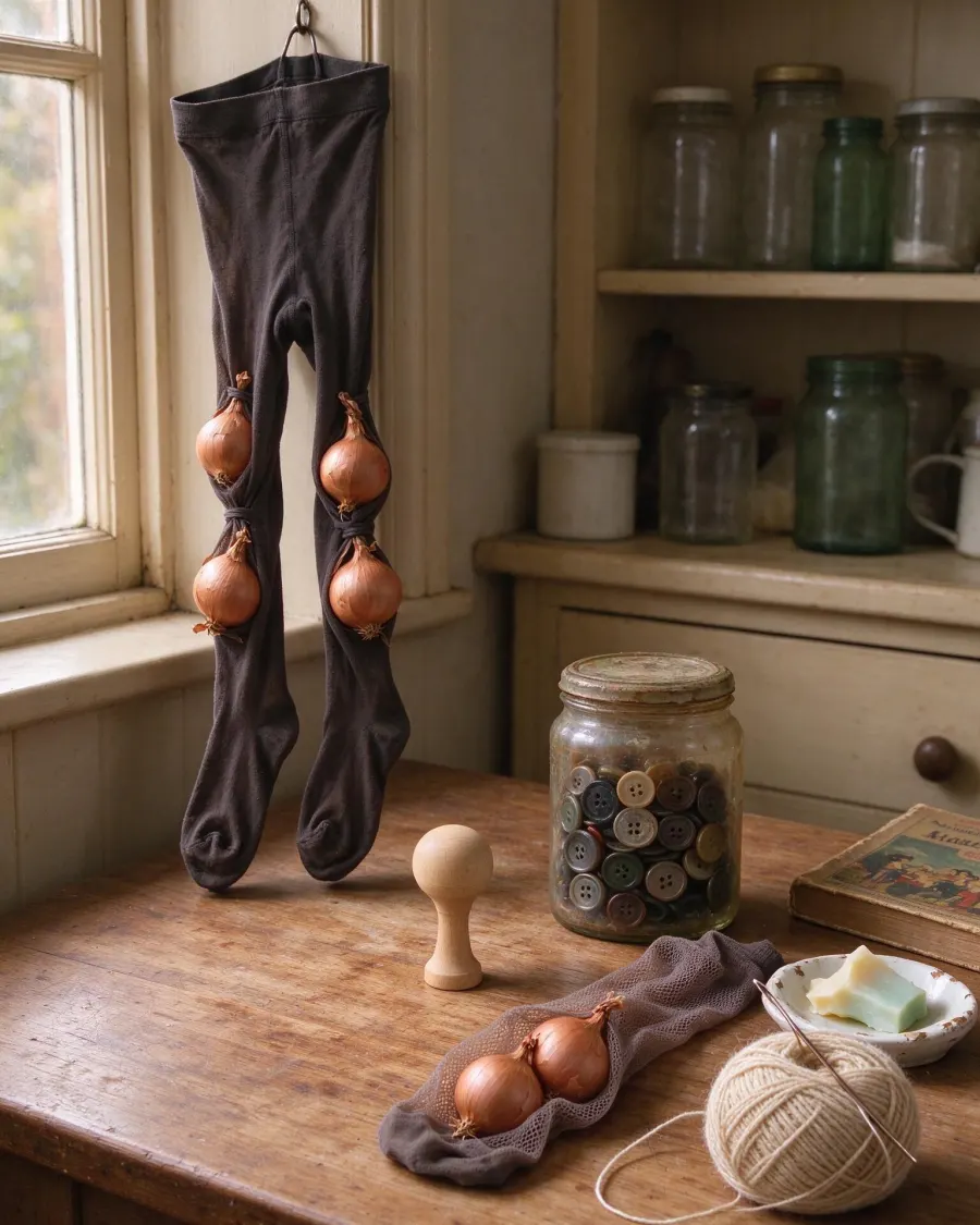 Storing onions all winter in old tights