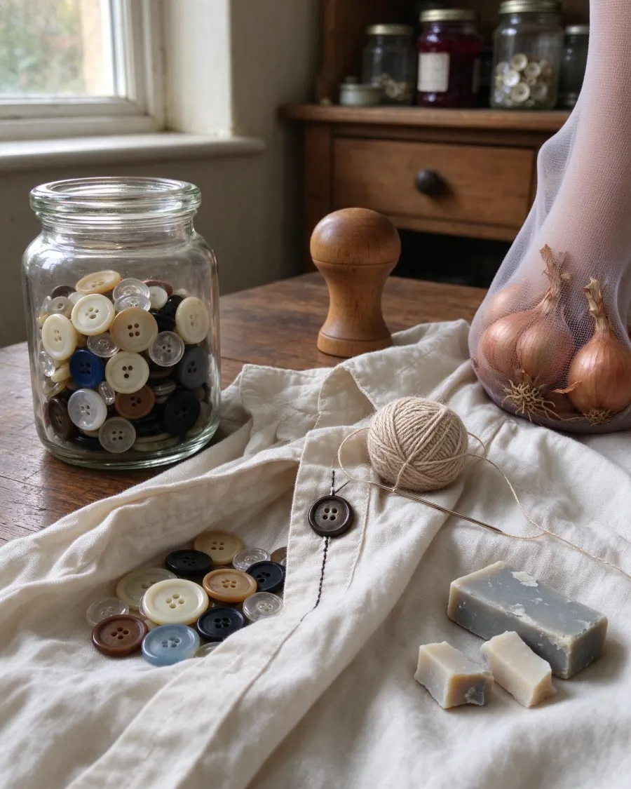 The button jar: sorting, saving and sewing on a button